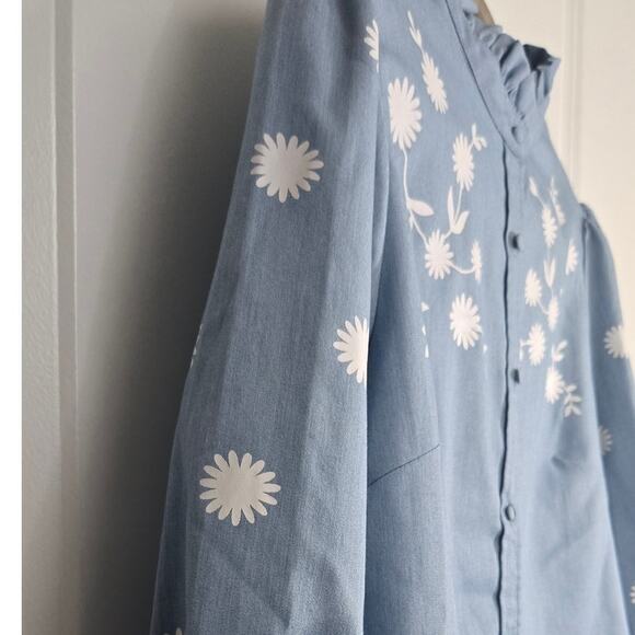 Simplee Women's Large Blue Daisy Floral Puff Sleeve Blouse Ruffle Collar Top - Picture 4 of 7